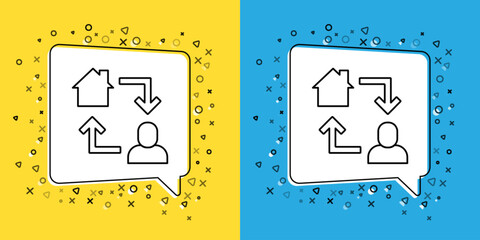 Poster - Set line Online working icon isolated on yellow and blue background. Freelancer man working on laptop at his house. Remote work. Distant job concept. Vector