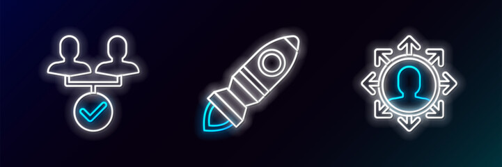 Poster - Set line Project team base, and Rocket ship with fire icon. Glowing neon. Vector