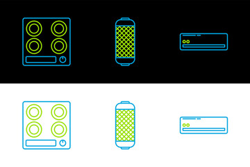 Sticker - Set line Air conditioner, Gas stove and Stereo speaker icon. Vector