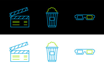 Sticker - Set line 3D cinema glasses, Movie clapper and Popcorn cardboard box icon. Vector