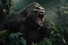 Angry Aggressive Monkey Gorilla In Jungle. Screaming King Kong In Forest. Generative AI Animal Illustration