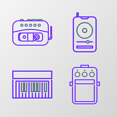 Sticker - Set line Guitar pedal, Music synthesizer, player and tape icon. Vector