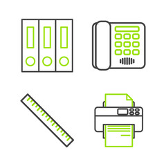 Sticker - Set line Printer, Ruler, Telephone and Office folders with papers and documents icon. Vector