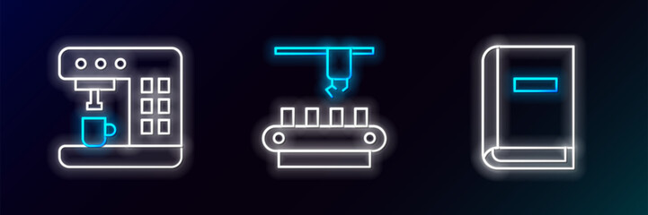 Wall Mural - Set line User manual, Coffee machine and Factory conveyor system belt icon. Glowing neon. Vector
