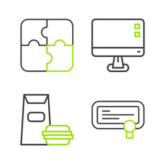 Poster - Set line Certificate template, Burger, Computer monitor screen and Piece of puzzle icon. Vector