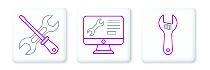 Sticker - Set line Adjustable wrench, Screwdriver and and Computer monitor service icon. Vector