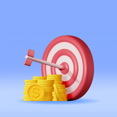Aufkleber - 3D Stacks of Coins and Target with Arrow Isolated. Render Dartboard with Arrow and Golden Money. Business or Finance Target Concept. Targeting Audience. Achievement and Success. Vector Illustration