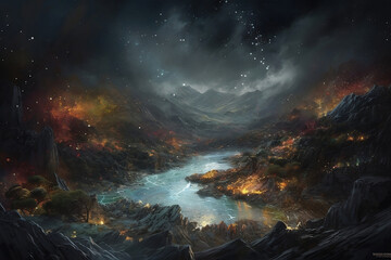 Wall Mural - sunrise over the mountains with galaxy sky. generative ai.