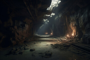 Abandoned house in cave. Generative AI.