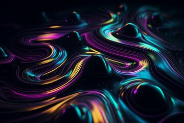 Wall Mural - Black Background with Iridescent Neon Highlights. Ripples and Swirls create a Futuristic Surface Texture. Generative AI
