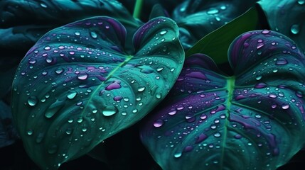 Abstract background with closeup view on green and purple leaves of monstera in drops. Summer wallpaper with dew on tropical jungle foliage. Horizontal illustration for banner design. Generative AI.