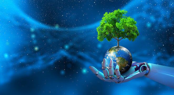 Wall Mural -  - Robot hand holding Tree on Earth with technological convergence blue background.Green computing, csr, IT ethics, Nature technology interaction, and Environmental friendly. Elements furnished by NASA.