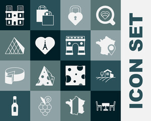 set french cafe, village landscape, map of france, castle in the shape heart, eiffel tower with, lou