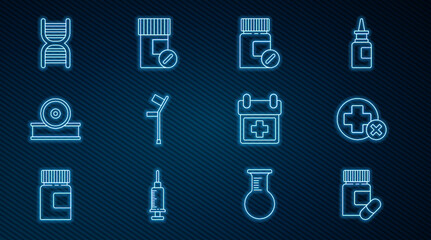 Wall Mural - Set line Medicine bottle and pills, Cross hospital medical, Crutch or crutches, Otolaryngological head reflector, DNA symbol, Doctor appointment and icon. Vector
