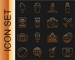 Poster - Set line Speech bubble with airplane, Location on the globe, Plane, Surfboard, Sunscreen cream in tube, Passport, Ice and Suitcase icon. Vector