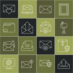 Poster - Set line Upload inbox, Envelope with shield, Mail, Outgoing mail, Document folder, Valentine heart and Delete envelope icon. Vector