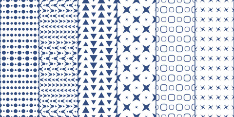 Leinwandbilder - Set of six simple blue patterns. Set of polka dots and triangles, octagrams. Vector print for surface application, can be seamless.