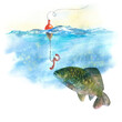 watercolor illustration, Carp, carp swims up to a fishing hook with bait underwater, isolated on a white background. Fishing bobber and hook with worm, fishing line.