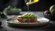 Geschnittene Avocado auf einer Scheibe Brot vor dunklem Hintergrund, mit Olivenöl garniert - with Generative Al technology