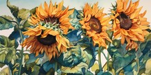 Bright Watercolor Painting Of A Bouquet Of Sunflowers, With Large Golden Petals And Green Leaves Standing Tall In A Blue Sky