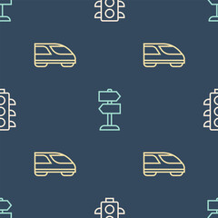 Wall Mural - Set line Traffic light, High-speed train and Road traffic sign on seamless pattern. Vector