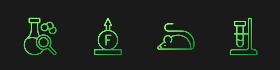 Poster - Set line Experimental mouse, Test tube, Force of physic formula and flask on stand. Gradient color icons. Vector