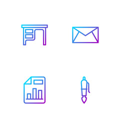Poster - Set line Fountain pen nib, Document with graph chart, Office desk and Mail and e-mail. Gradient color icons. Vector