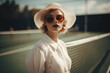 A woman wearing sunglasses and a hat stands on a tennis court. AI generation