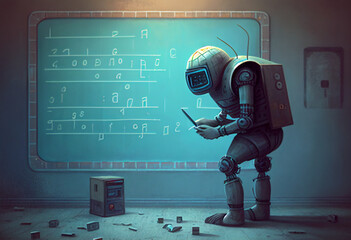 Humanoid robot student in front of a school classroom chalkboard while machine learning mathematics and artificial intelligence technology, computer Generative AI stock illustration image