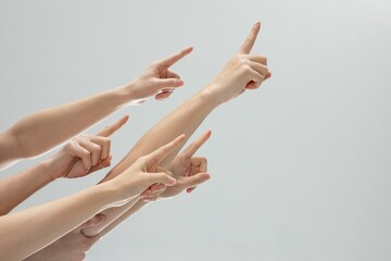 Wall Mural - Closeup shot of a bunch of hands pointing to something on a gray background with copy space