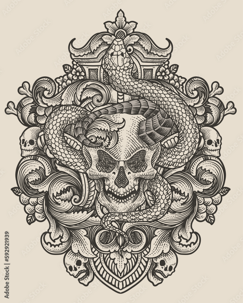 Vector illustration. demon skull with snake vintage engraving ornament ...