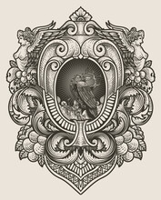 Illustration Of Antique Crow With Vintage Engraving Ornament In Back Perfect For Your Business And Merchandise