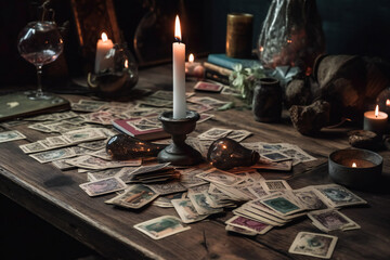 Wall Mural - Astrologist old desk with divination and hermetic ritual objects. Occult, esoteric, metaphysics concept. Created with Generative AI technology.