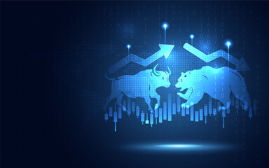 Wall Mural - Bullish and bearish stock market blue abstract background. Increasing and decreasing of currency value theme. Business trading financial and startup investment concept. Vector illustration