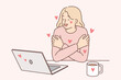 Woman exchanging romantic messages in laptops hugs herself rejoicing at received compliments 