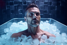 Man Taking An Ice Bath In A Spa. Cold Water Therapy With Floating Ice Cubes. AI
