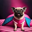 Pig transformed into a mutant with a pug head is lying on a bed in a cozy room, dressed in a pink apron, with a sneering smile, magic stones around