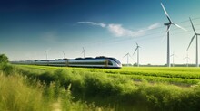 A Train Passing By A Wind Farm
