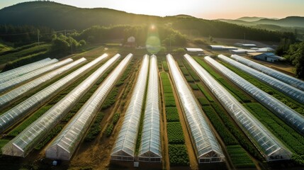 An aerial view of an organic farm with rows of crops and greenhouses
