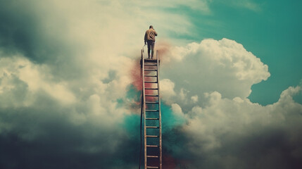 Businessman standing on a ladder and looking at the sky with clouds Generative AI