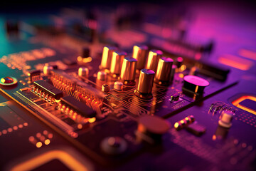 Poster - Hyper realistic close up of glowing computer circuit board in 3d - Generative AI