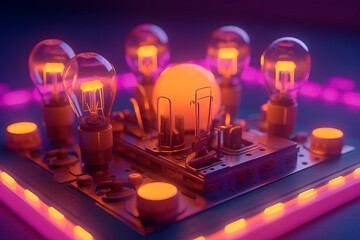 Poster - Neon glowing light bulbs as CPU on motherboard circuit board. - generative AI