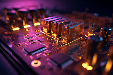 Poster - Close up of an electrical circuit board with a CPU, a microchip, and other electronic components in the background. Generative AI