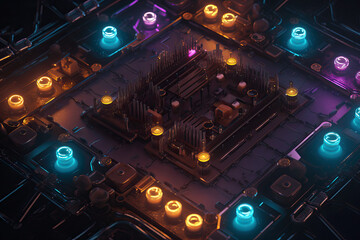 Poster - Close up of an electrical circuit board with a CPU, a microchip, and other electronic components in the background. Generative AI