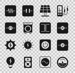 Poster - Set Electric meter, Voltmeter, Lamp in electronic circuit, Solar energy panel, Washer, Ohmmeter, Resistor and Electrical transformer icon. Vector