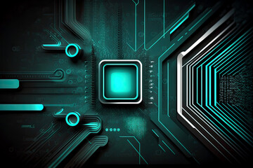 Poster - A futuristic abstract background featuring a glowing microchip with green neon fluorescent light. - Generative AI