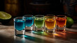 © bahadirbermekphoto - Colorful shot glasses with tequila, lime and salt on a dark background Generative AI