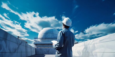 an architectural man in a hard hat and blue sky with his paper book