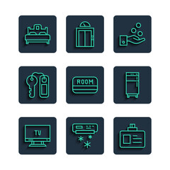 Wall Mural - Set line Smart Tv, Air conditioner, Identification badge, Paying tips, Hotel key card, door lock, Bedroom and Refrigerator icon. Vector