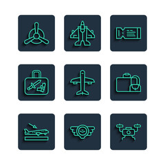 Poster - set line plane landing, aviation emblem, drone flying, airline ticket, suitcase, propeller and icon.